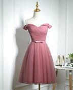 Lovely Pink Off Shoulder Knee Length Prom Dress, Pink Prom Dress