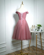 Lovely Pink Off Shoulder Knee Length Prom Dress, Pink Prom Dress
