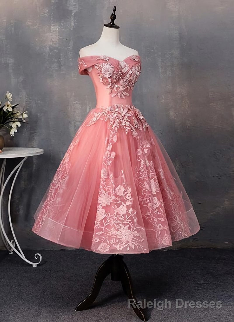 Lovely Pink Off Shoulder Party Dress, Lace Applique Prom Dress Secondary image