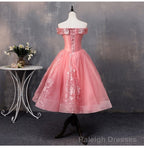 Lovely Pink Off Shoulder Party Dress, Lace Applique Prom Dress
