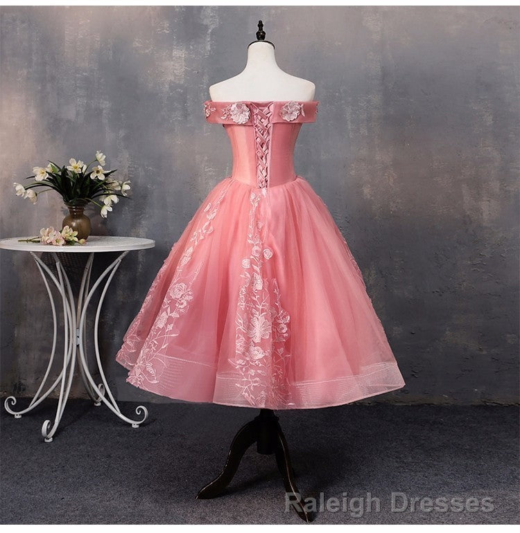 Lovely Pink Off Shoulder Party Dress, Lace Applique Prom Dress
