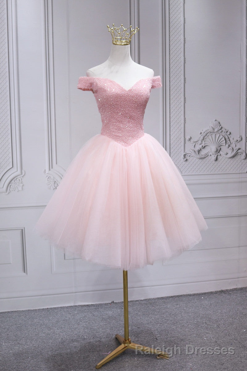 Lovely Pink Off Shoulder Style Princess Tulle Homecoming Dress, Pink Prom Dress Main image