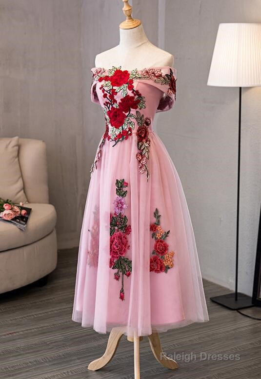 Lovely Pink Off Shoulder Tea Length Formal Dress, Cute Party Dress
