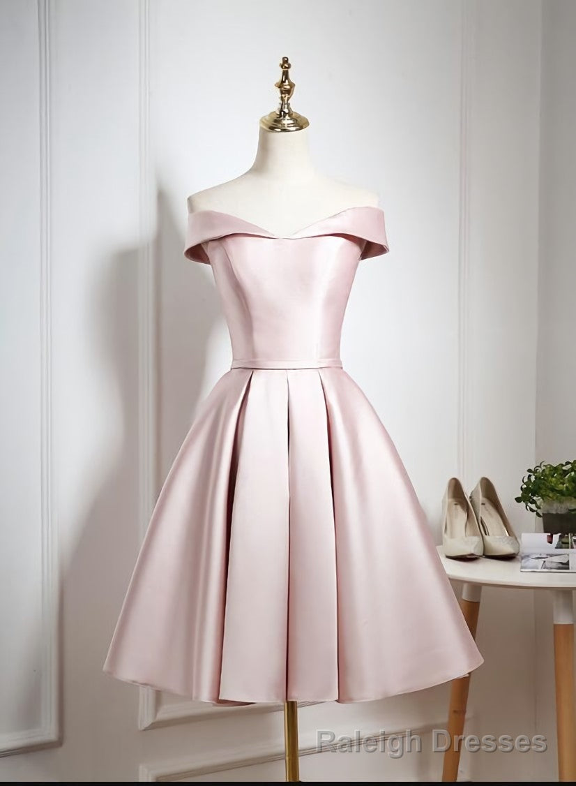 Lovely Pink Satin Off Shoulder Knee Length Formal Dress, Homecoming Dress Secondary image