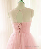 Lovely Pink Short Tulle Beaded Graduation Dress Pink Knee Length Prom Dresses