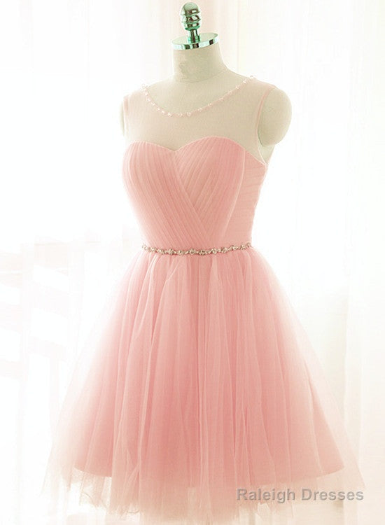 Lovely Pink Short Tulle Beaded Graduation Dress Pink Knee Length Prom Dresses