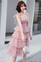 Lovely Pink Straps Layers Tea Length Wedding Party Dress, Pink Formal Dress