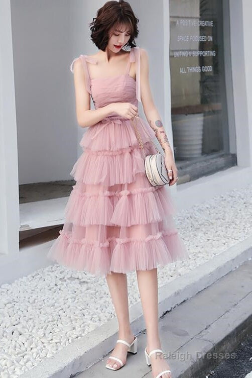 Lovely Pink Straps Layers Tea Length Wedding Party Dress, Pink Formal Dress Main image