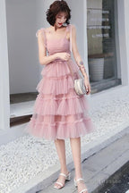 Lovely Pink Straps Layers Tea Length Wedding Party Dress, Pink Formal Dress