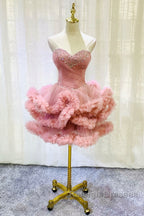 Lovely Pink Sweetheart Beaded Short Cocktail Dress, Pink Homecoming Dress Party Dress