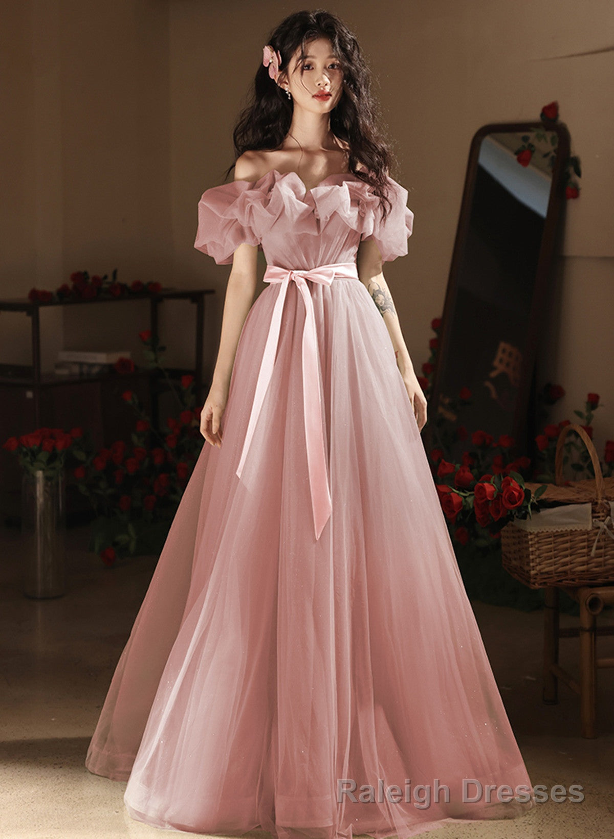 Lovely Pink Tulle Off Shoulder A-line Party Dress, Pink Tulle Long Prom Dress Secondary image