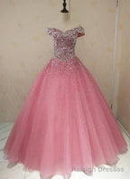 Lovely Pink Tulle Off Shoulder Sweet 16 Party Dress, Long Formal Gown