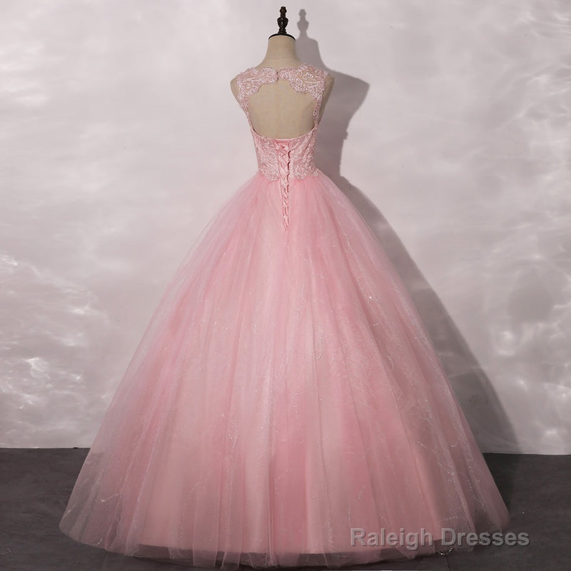 Pink Tulle Lace Sweet 16 Dresses, Long Quinceanera Dresses main image 1