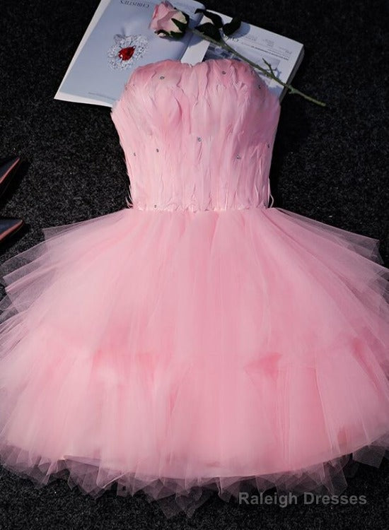 Lovely Pink Tulle Short Party Dress With Feather, Cute Pink Homecoming Dress Main image