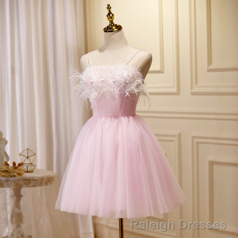 Lovely Pink Tulle Straps Knee Length Prom Dresses, Pink Short Prom Dresses Main image