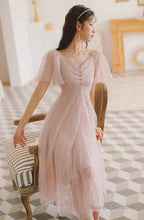 Lovely Pink Tulle V-Neckline Puffy Sleeves Prom Dresses Pink Short Prom Dresses