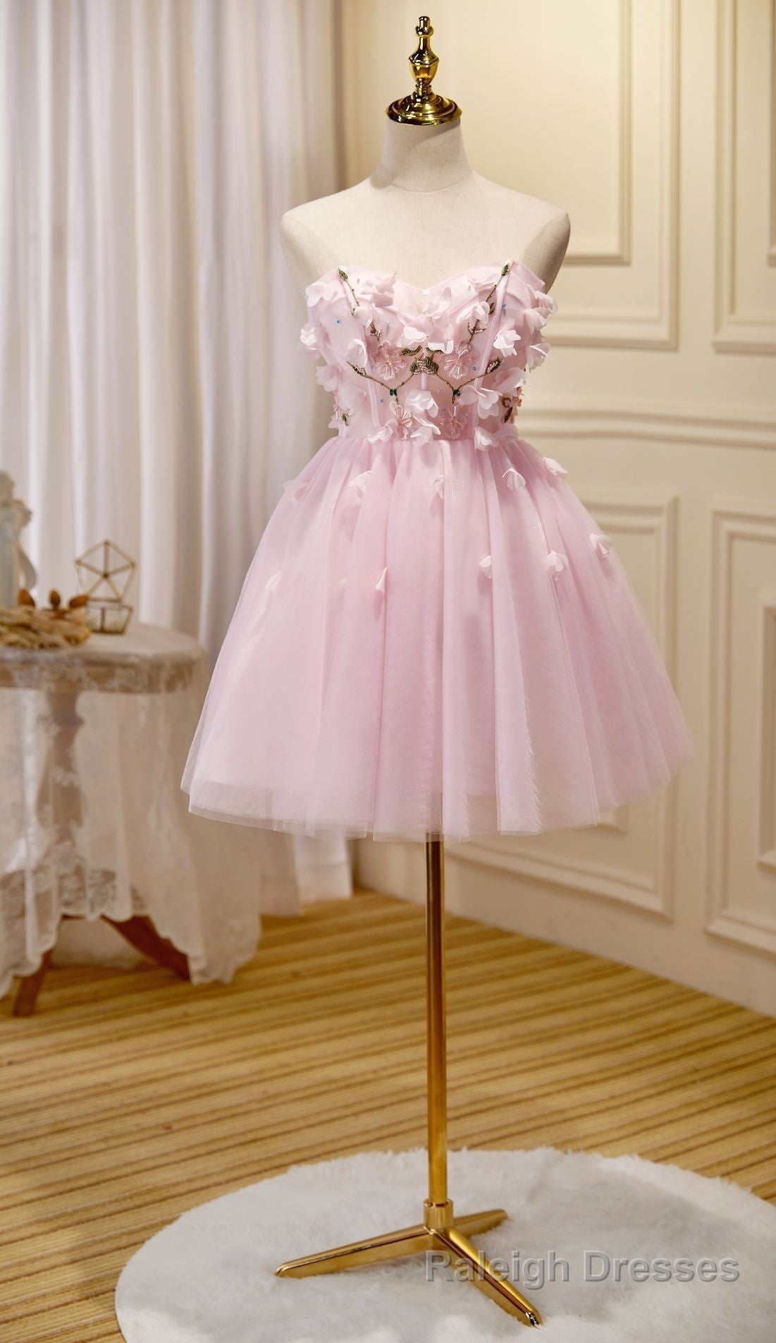 Lovely Pink Tulle with Flowers Short Prom Dress, Pink Tulle Homecoming Dresses
