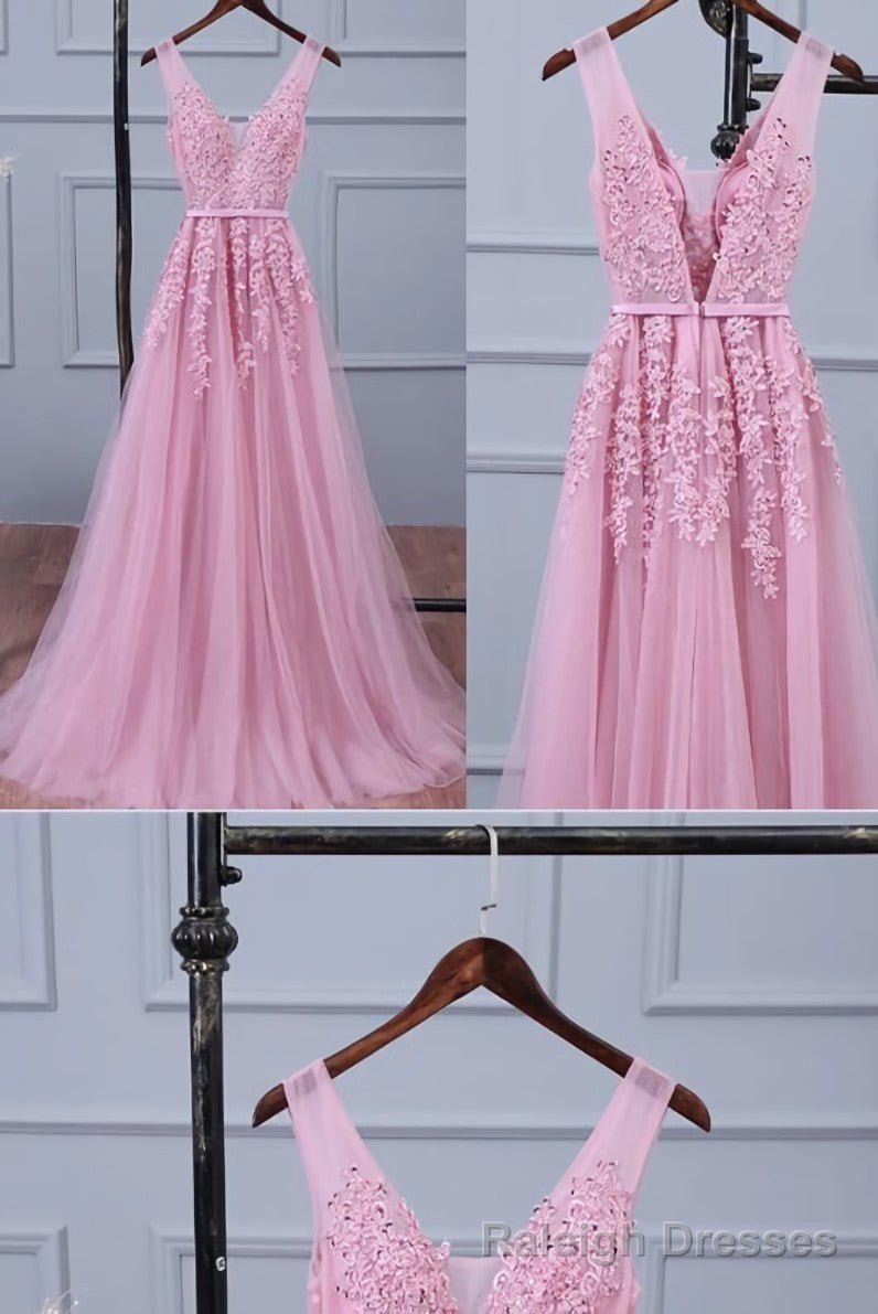 Lovely Pink V-neckline Long Party Dress ,Tulle Bridesmaid Dress Secondary image