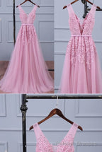 Lovely Pink V Neckline Long Prom Dress ,Tulle Bridesmaid Dress