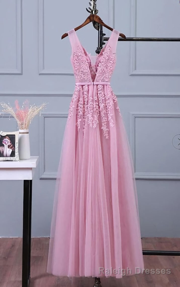 Lovely Pink V-neckline Long Party Dress ,Tulle Bridesmaid Dress Main image
