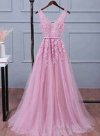 Lovely Pink V Neckline Long Prom Dress ,Tulle Bridesmaid Dress