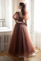 Lovely Puffy Sleeves Tulle Long Party Dress, Scoop Ball Gown Long Prom Dress
