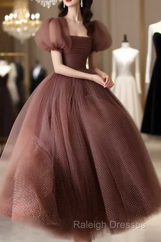 Lovely Puffy Sleeves Tulle Long Party Dress, Scoop Ball Gown Long Prom Dress Main image
