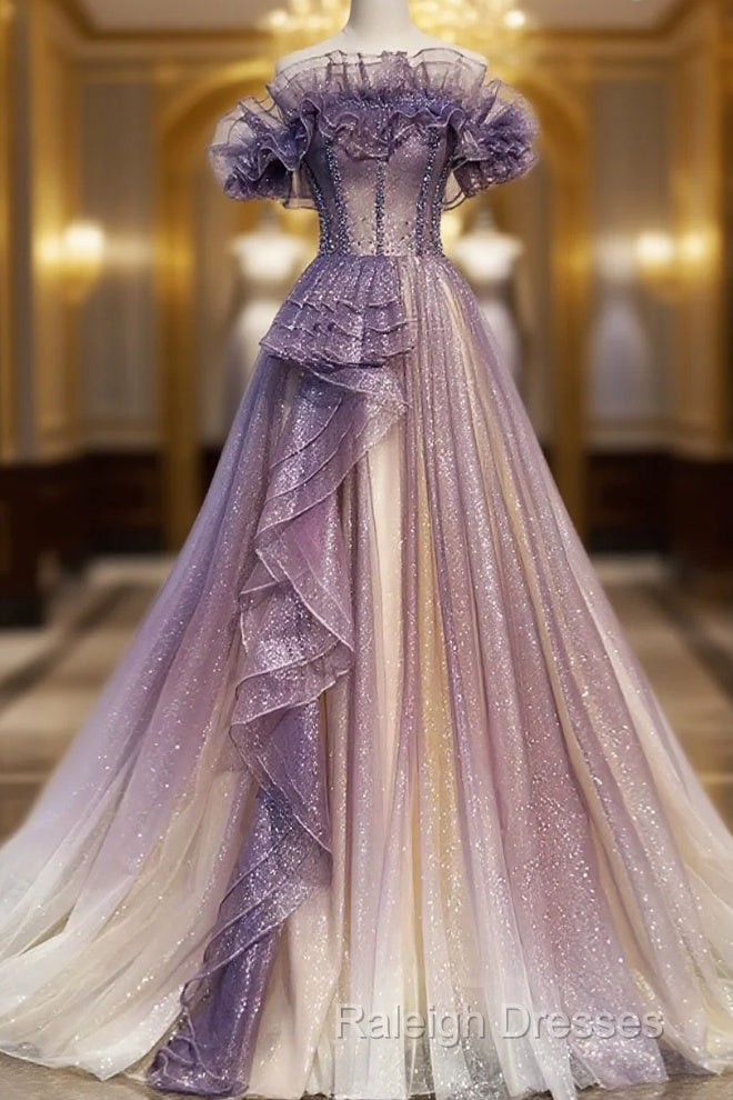 Lovely Purple Shiny Tulle Off Shoulder Evening Dress, Purple Long Prom Dress