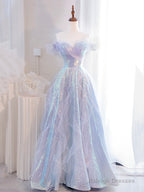 Lovely Purple Tulle Sequins Long Prom Dress, Off The Shoulder Evening Party Dress