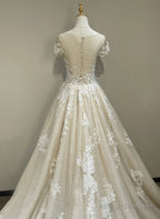 Lovely Round Neckline Tulle With Lace Applique Wedding Party Dress, Tulle Wedding Dress