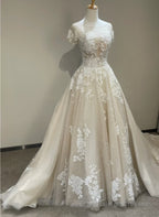 Lovely Round Neckline Tulle With Lace Applique Wedding Prom Dresses Tulle Wedding Dresses