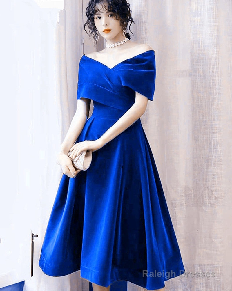 Lovely Royal Blue Velvet Tea Length Off Shoulder Party Dress, Blue Velvet Homecoming Dress Secondary image