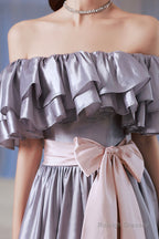 Lovely Satin Floor Length Prom Dress, Off Shoulder Evening Dress With Bow