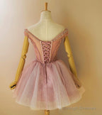 Lovely Sequins And Lace Off Shoulder Short Party Dress, Pink Homecoming Dreses