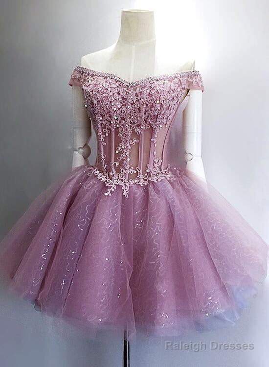 Lovely Sequins And Lace Off Shoulder Short Prom Dresses Pink Homecoming Dreses Main image