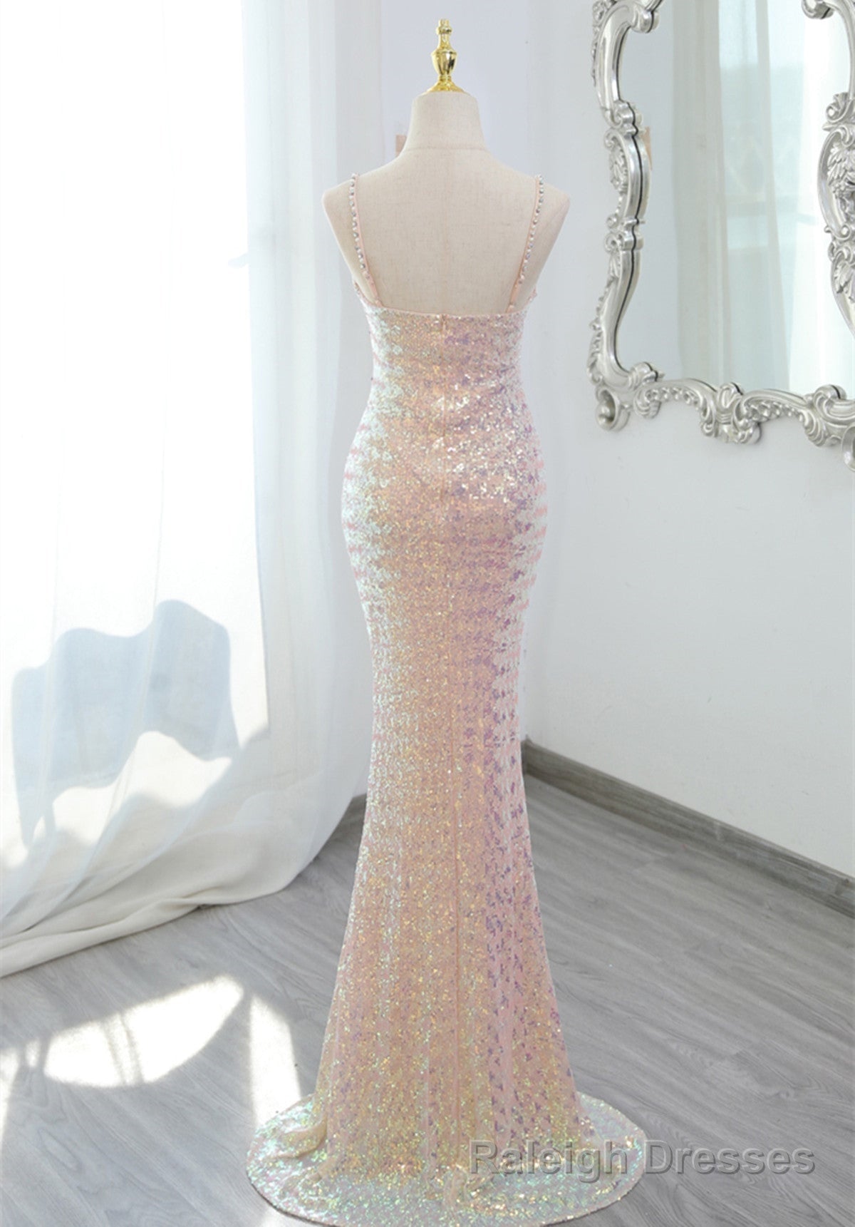 Lovely Sequins Mermaid Straps Long Prom Dress, Sequins Mermaid Formal Dress