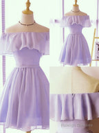 Lovely Short Chiffon Light Purple Prom Dresses Off The Shoulder Prom Dresses