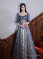Lovely Short Sleeves Tulle With Lace Prom Dresses A-Line Prom Dresseses