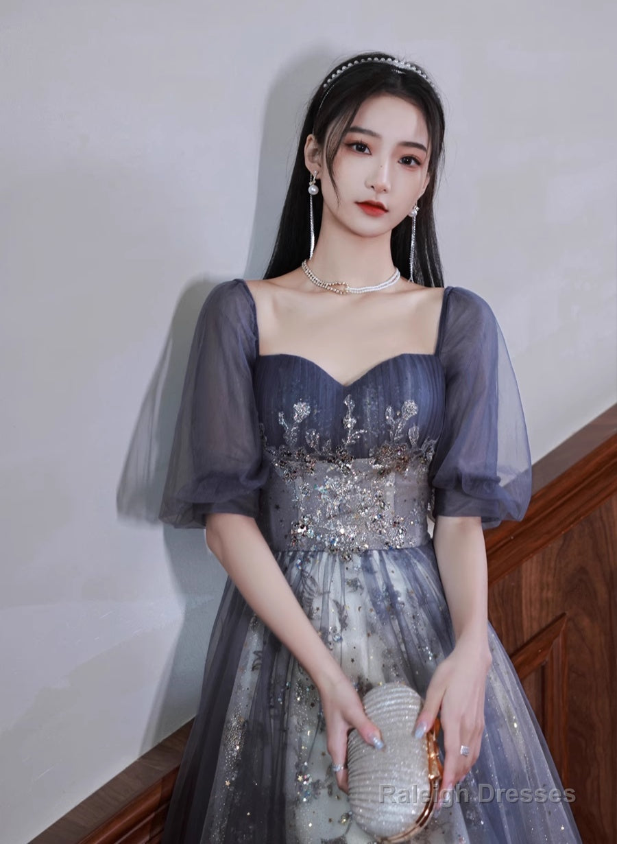 Lovely Short Sleeves Tulle With Lace Prom Dresses A-Line Prom Dresseses