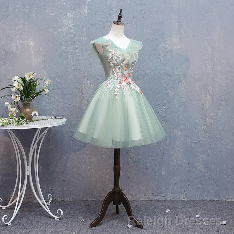Lovely Short Tulle V Neckline with Flower Lace Prom Dress Homecoming Dress, Short Formal Dresses