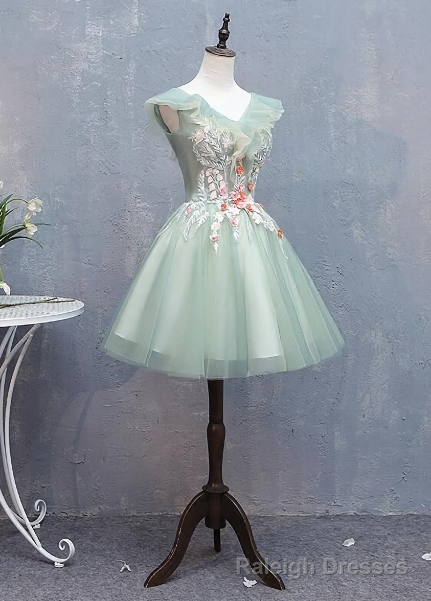 Lovely Short Tulle V Neckline with Flower Lace Prom Dress Homecoming Dress, Short Formal Dresses Secondary image