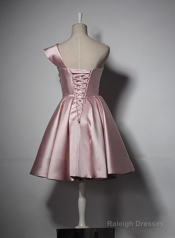 Lovely Simple One Shoulder Pink Bridesmaid Dresses Pink Satin Homecoming Dresses Secondary image