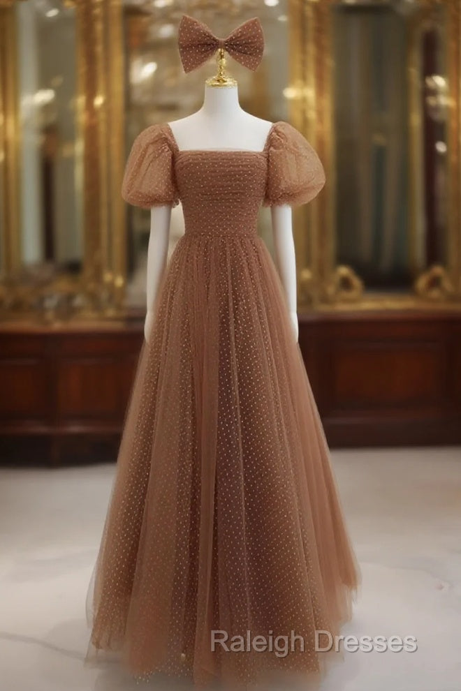 Lovely Simple Tulle Short Sleeves A-Line Party Dress, Long Tulle Formal Dress Evening Dress