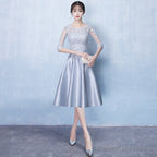 Lovely Sliver Grey Satin And Lace Short Sleeves Homecoming Dress, Short Party Dress Prom Dress