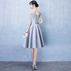 Lovely Sliver Grey Satin And Lace Short Sleeves Homecoming Dresses Short Prom Dresseses