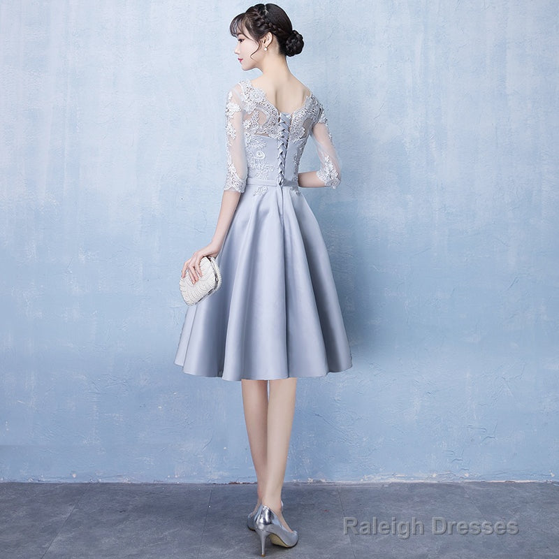Lovely Sliver Grey Satin And Lace Short Sleeves Homecoming Dresses Short Prom Dresseses