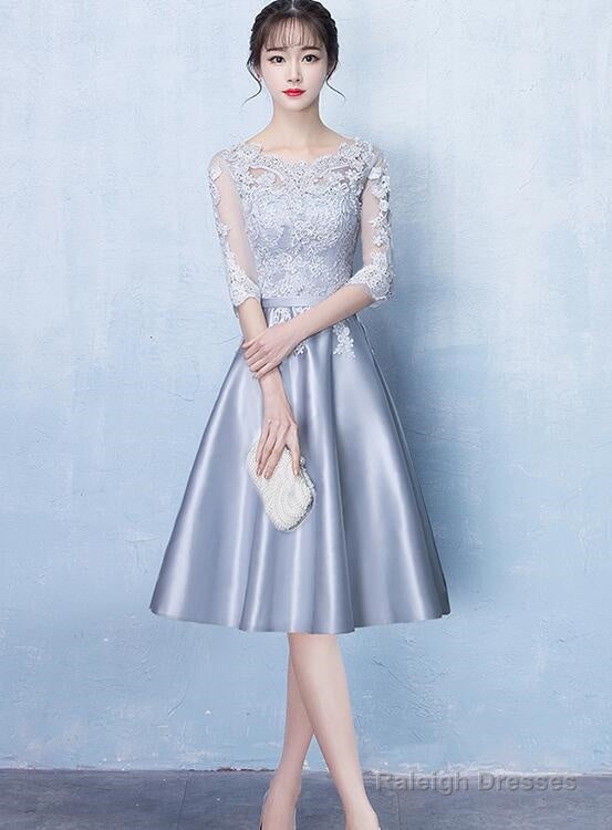 Lovely Sliver Grey Satin And Lace Short Sleeves Homecoming Dresses Short Prom Dresseses Main image