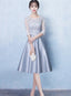 Lovely Sliver Grey Satin And Lace Short Sleeves Homecoming Dresses Short Prom Dresseses
