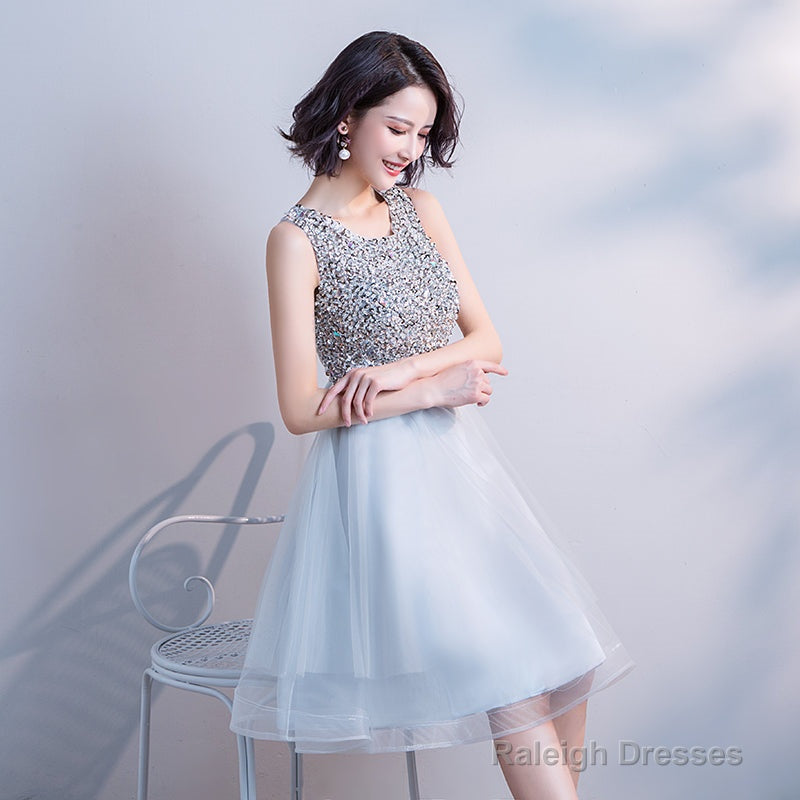 Lovely Sliver Grey Sequins Short Tulle Prom Dresses Homecoming Dresses Grey Shiny Prom Dress