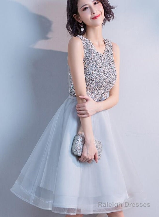 Lovely Sliver Grey Sequins Short Tulle Prom Dress Homecoming Dress, Grey Shiny Party Dresses Main image